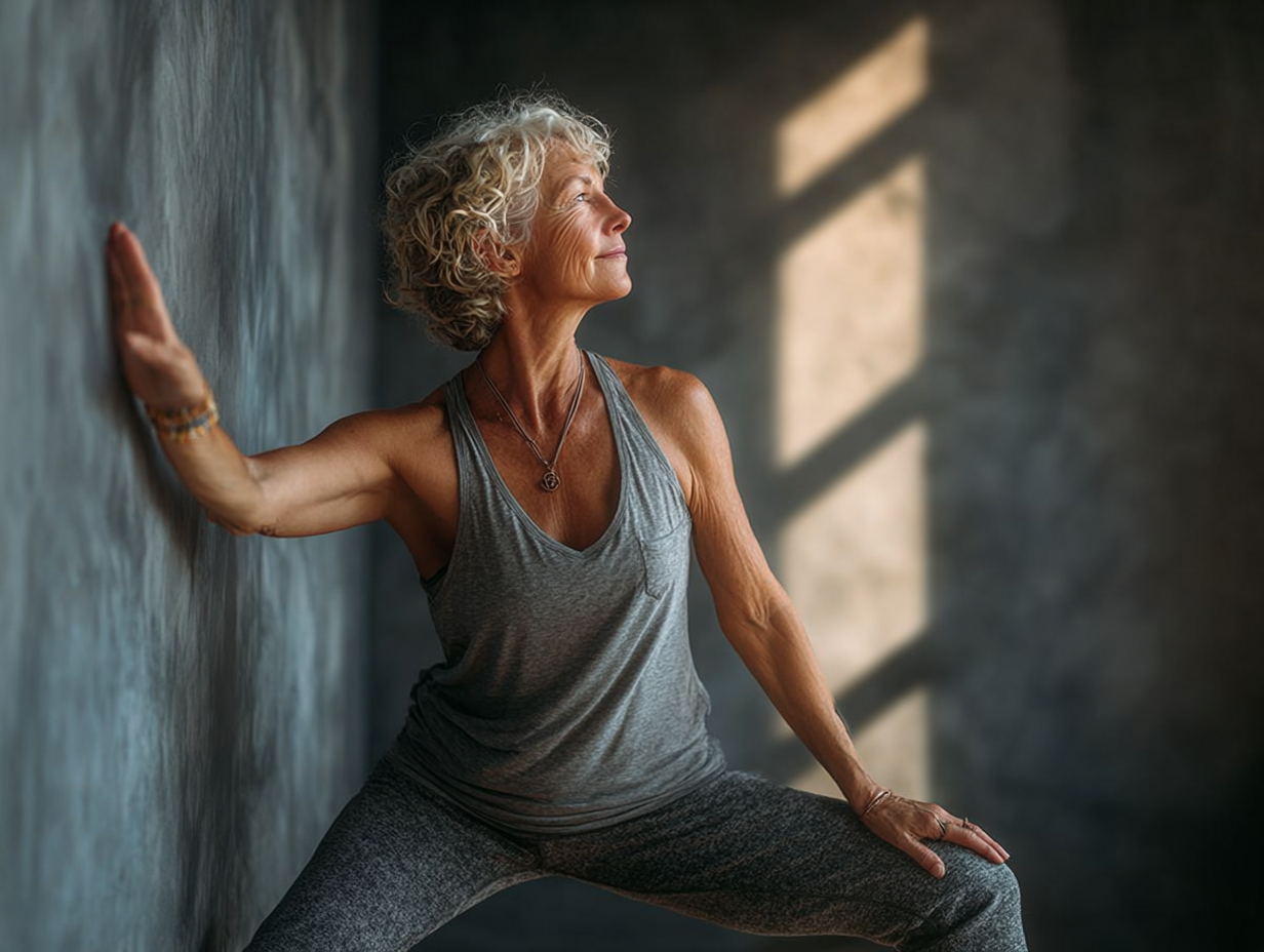 Persoane mature practicând yoga în natură