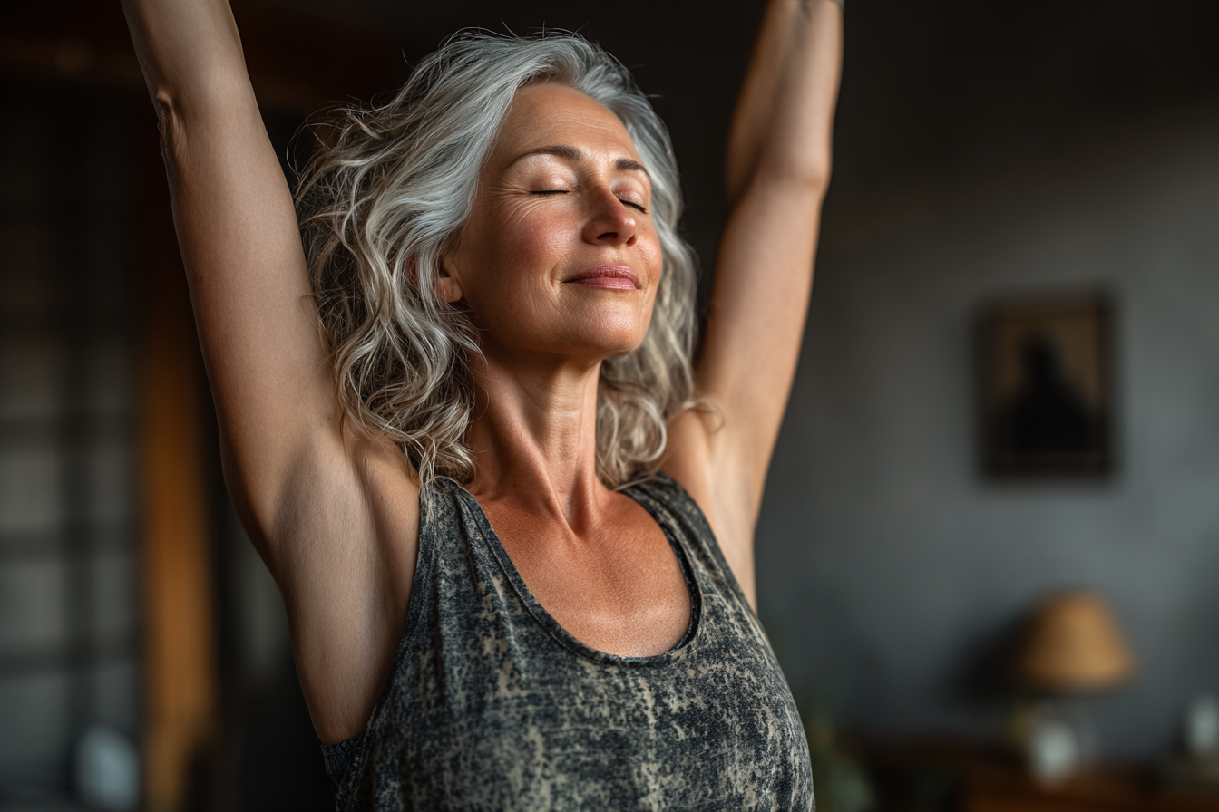 Grup de seniori în sesiune de yoga, demonstrând echilibru și armonie